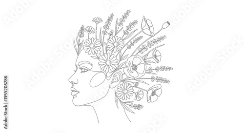 Woman Profile Line Art Illustration with Flowers Isolated on White