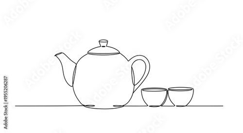 Tea Set Teapot Two Cups Continuous Line Drawing Isolated on White