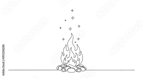 Campfire Burning with Flames and Sparks, Line Art Outline Isolated on White