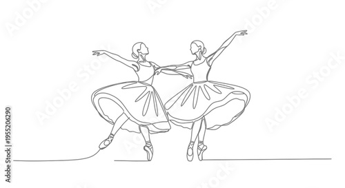 Ballerinas Dancing Ballet in Continuous Line Art Isolated on White