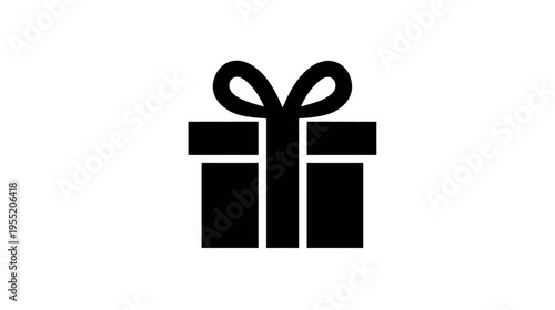 A black and white graphic showing a gift box with a bow on top. Simple icon