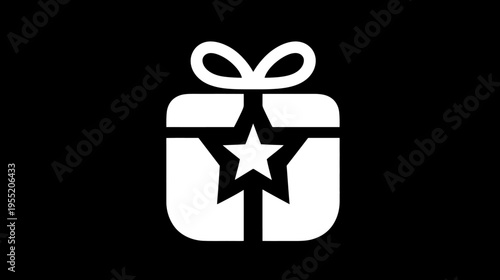 A white gift box illustration against a black background, with a star
