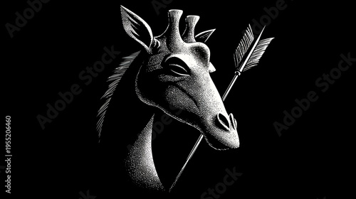 A striking black and white illustration of a giraffe's head pierced by an arrow