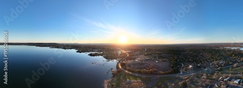 Aerial scenes of Lake Buchanan in the Central Texas Hill Country during sunset