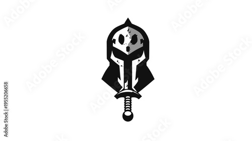 A stylized helmet and sword emblem, depicted in grayscale with sharp lines, against a white background