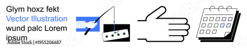 Customer feedback, user reviews, rating system, interaction, scheduling, planning. Icons include feedback hand, 5-star rating handshake and calendar. Customer feedback and user reviews concepts