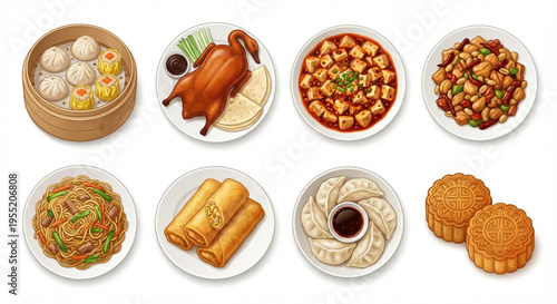 A vibrant collection of traditional Chinese cuisine dishes, showcasing popular Asian food variety including dim sum, noodles, and savory delights