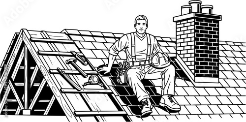 Black and white vector illustration of a professional roofer sitting on a house roof near a chimney during home construction.
