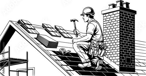 Black and white vector illustration of a professional roofer sitting on a house roof near a chimney during home construction.
