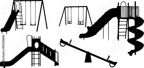 Playground equipment silhouette, slide, swing, seesaw, tube slide, spiral slide, park structure, recreation, cad drawing flat vector illustration
