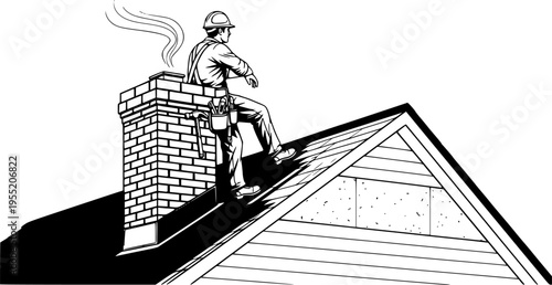 Black and white vector illustration of a professional roofer sitting on a house roof near a chimney during home construction.
