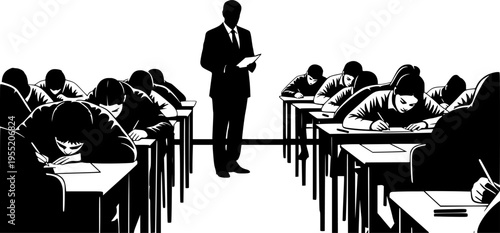 Silhouette of teacher or supervisor monitoring group of students during exam sitting at desks and writing in classroom, educational assessment concept