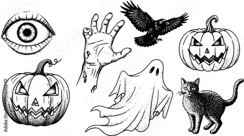 Creepy Halloween collage elements with vintage stippling photocopy effect. Eye, mouth, zombie hand, pumpkin jack, raven, ghost, cat with experimental grunge dotted texture. Retro vector illustration