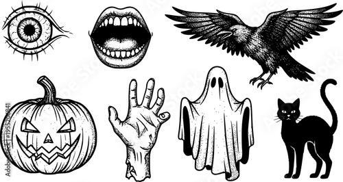 Creepy Halloween collage elements with vintage stippling photocopy effect. Eye, mouth, zombie hand, pumpkin jack, raven, ghost, cat with experimental grunge dotted texture. Retro vector illustration