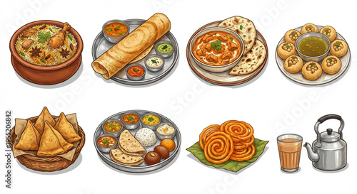 A delightful collection of traditional Indian cuisine illustrations, featuring popular dishes and beverages for a cultural culinary experience