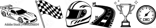 Set of racing icons including car, checkered flag, helmet, track, trophy, and speedometer
