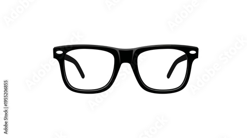 A digitally rendered image of a pair of black-framed eyeglasses on a solid white background