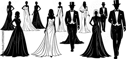 Elegant fashion silhouette set featuring women in glamorous evening gowns and men in formal tuxedos with top hats for luxury event design.
