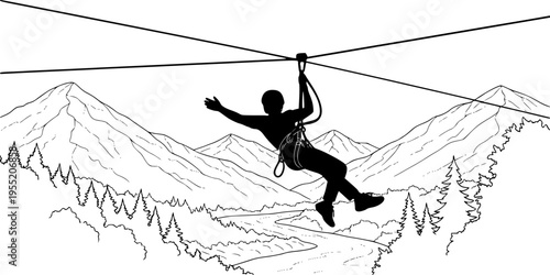 Zipline adventure, outdoor activity, silhouette motion, thrill ride, harness system, pulley cable, extreme sport, CAD drawing, flat vector illustration