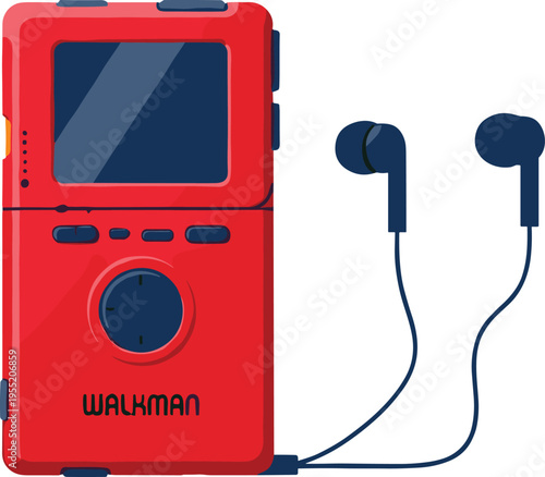 Red Walkman vector illustration with wired earphones, retro music player design for vintage audio nostalgia and classic portable tech themes