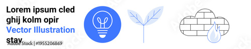 Renewable energy, sustainability, innovation, eco-friendly solutions, water conservation, climate action. A blue light bulb, leaf sprout and water-droplet cloud. Renewable energy and sustainability