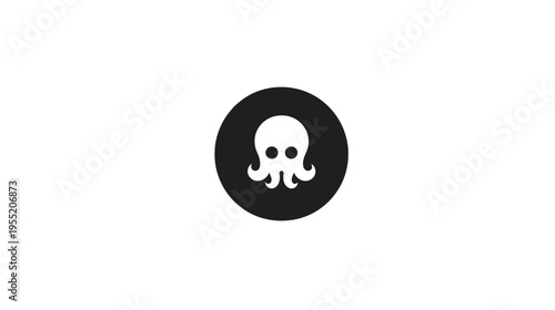 A minimalist icon featuring a white octopus within a dark circle centered on a white background