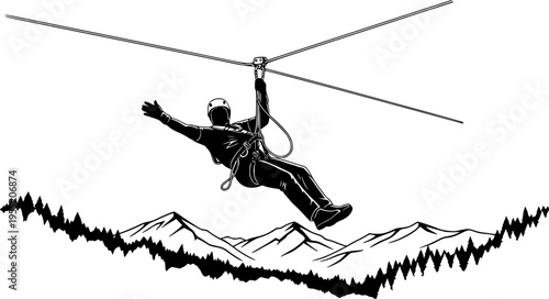 Zipline adventure, outdoor activity, silhouette motion, thrill ride, harness system, pulley cable, extreme sport, CAD drawing, flat vector illustration