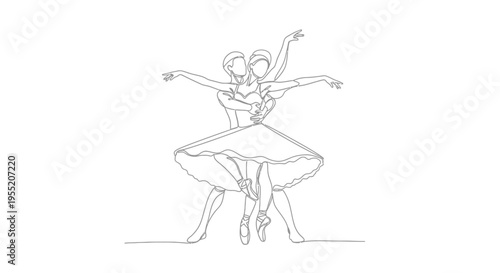 Ballet Dancers Performing Graceful Dance in Continuous Line Art Isolated on White Background