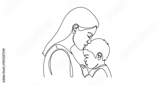 Mother Embracing Child Continuous Line Art Illustration Isolated on White Symbolizing Love and Care