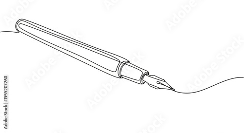 Fountain Pen Drawing Continuous Line Art Vector Illustration Isolated on White