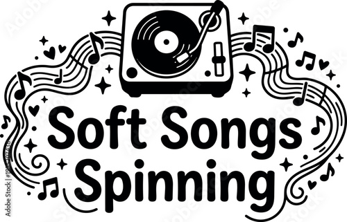 Soft songs spinning lettering with music notes and record player vector art