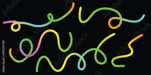 Geometric set of neon curly lines on dark backdrop with glowing yellow green and pink gradients ideal for retro futuristic graphics or electronic music visualizers and digital art collections