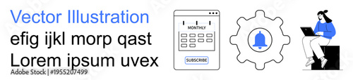 Subscription services, notification management, app interfaces, digital tools, productivity, online interaction. Calendar, gear with bell and user on a laptop. Subscription and notification