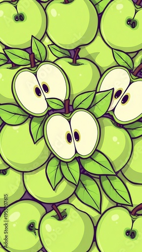 ​Summer fruit background with bright green apples and leaves