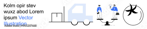 Logistics, decision-making, delivery services, team collaboration, business balance, efficiency. Blue delivery truck with cargo, two figures balancing scales. Logistics and decision-making