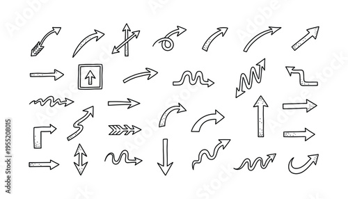 Hand drawn textured arrows set with various styles including curved wavy and double pointers black ink sketch navigation elements for infographics presentation design and creative projects
