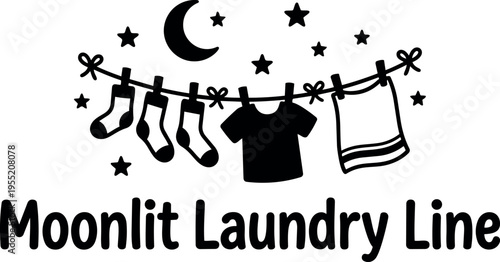 Moonlit laundry line with socks shirt towel and stars vector art