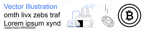 Cryptocurrency, fintech, industry, manufacturing, blockchain, economy. Factory buildings with trucks, Bitcoin symbol. Cryptocurrency and fintech concepts