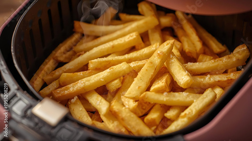 Delicious Golden French Fries in Air Fryer Basket, Perfectly Cooked and Salty, Ready to Eat, Tasty Snacks, Healthy Cooking, Crispy Fried Potatoes