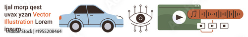 Smart transportation, vehicle automation, surveillance, technology integration, media systems, internet of things. Blue car, eye symbol and media interface elements. Smart transportation and vehicle