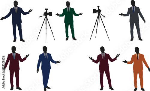 Businessmen presenting in front of camera tripod, professional speaker, media communication, corporate training, online webinar, public speaking, business conference, presentation skills