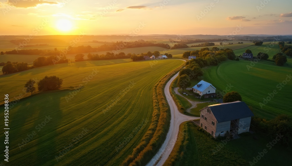 Fototapeta premium Winding country road leads past farmhouses and green fields at sunset. Rolling hills under a warm sky glow with golden hour light. Rural landscape offers peaceful scenic views of nature.