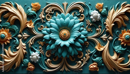 Ornate 3d floral relief art. Teal blue background with gold and white embossed flower details. Luxury baroque pattern background for decor, wallpaper, luxury interior design.