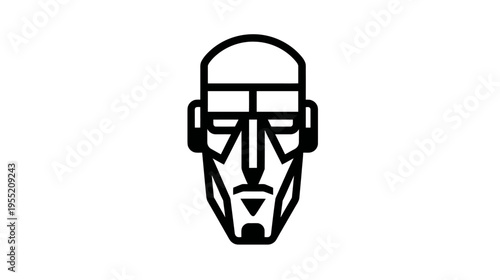 Black and white stylized head silhouette with glasses, defined features, geometric design