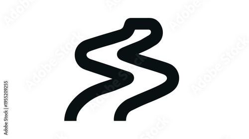 A stylized abstract illustration on a white background, featuring a thick, flowing, black line