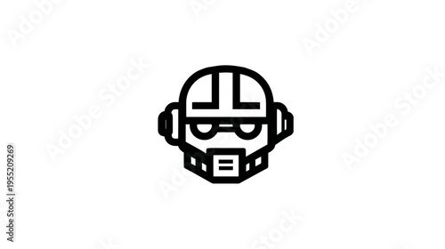 A stylized robotic helmet icon, featuring geometric shapes and a simple, symmetrical design