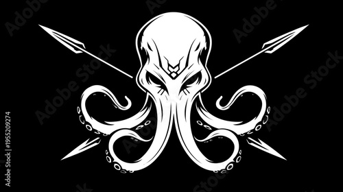 A white kraken-like creature with crossed spears on a black background