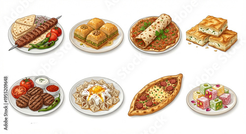 Authentic Turkish Culinary Delights A Vibrant Collection of Traditional Dishes and Savory Sweet Treats, Rendered in Illustrated Style