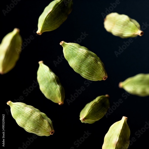 Green Cardamom Pods Floating Against Dark Background