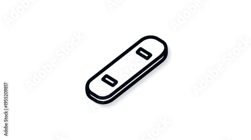 A black and white line-drawing illustration of a skateboard. Angled and slightly shadowed